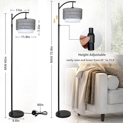 eyassi Floor Lamps for Living Room, Arc Standing Lamp with Remote & Dimmable Bulb, Boho Rattan Floor Lamp for Bedroom with 3 Color Temperatures, Farmhouse Tall Lamp, Height Adjustable Stand up Lamp