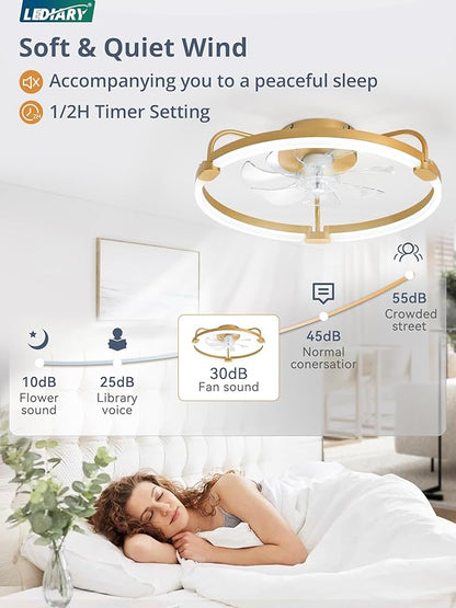LEDIARY Ceiling Fans with Lights and Remote, 20'' Low Profile Ceiling Fan with Light, 3000-6000K Dimmable Fandelier LED Fan Light, 6 Wind Speeds, Gold Modern Flush Mount Ceiling Fan for Bedroom