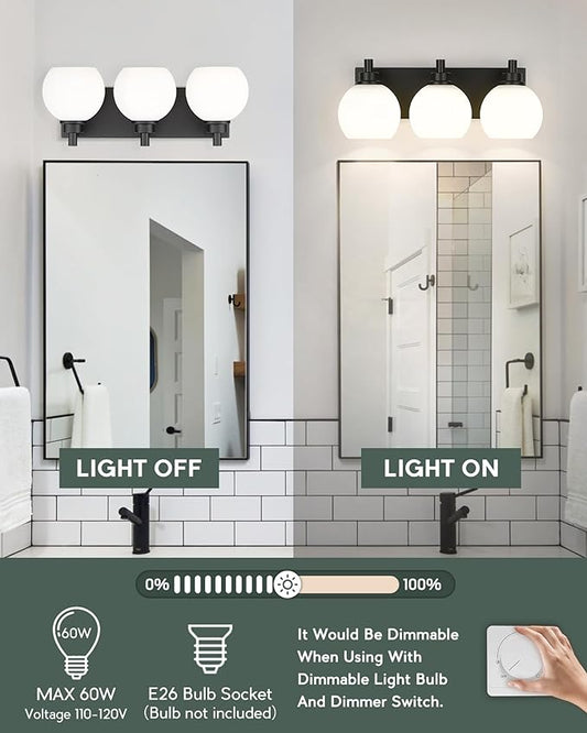 Bathroom Light Fixtures, 3-Light Matte Black Vanity Light, Modern Wall Sconces with Milk White Globe Glass Shade, Vanity Lighting Fixtures Over Mirror, VL195-MB-ML-3