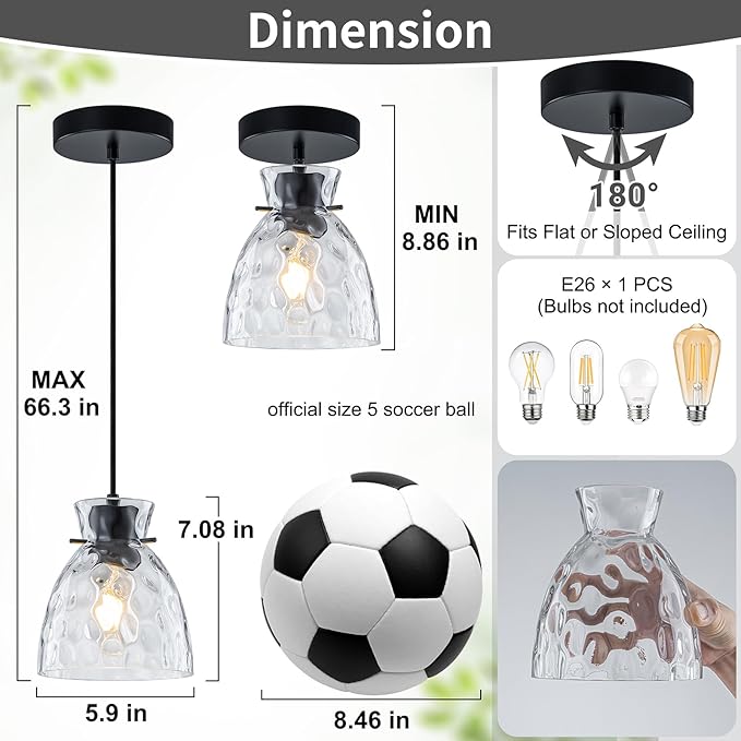 Hammered Glass Black Pendant Lights Kitchen Island 2 Pack, 5.9” Small Farmhouse Pendant Light Fixtures, Adjustable Modern Hanging Lighting Kitchen Pendant Lights over Island Sink Bathroom Dining Room