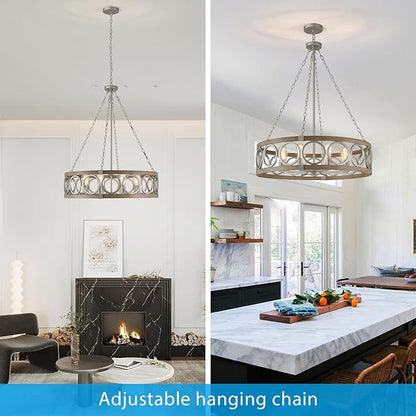 XINGQI 8-Light Modern Chandelier Large Round Drum Chandeliers for Dining Room 32.3" Rustic Pendant Brushed Nickel Light Fixture Over Table Farmhouse Metal Wood Grain Finish