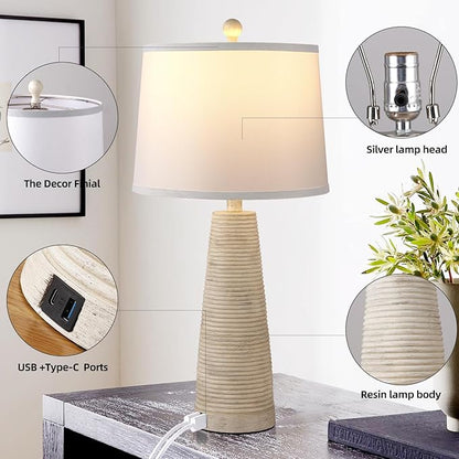 Terpsichore Nightstand Lamp Bedside Lamps Set of 2 Vintage Rustic Farmhouse Table Lamp 3 Way Dimmable Horizontal Stripe Light,for Living Room Bedroom,USB A+C (Pale Yellow, Hing 27 in)