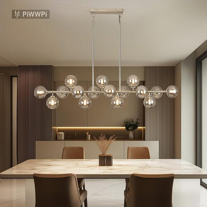 55" Long Chandeliers for Dining Room Kitchen Island, Large Globe Sputnik Linear Chandelier, 16 Lights Mid Century Modern Light Fixture Over Table, Nickel and Smoke Grey Bubble, GC-08