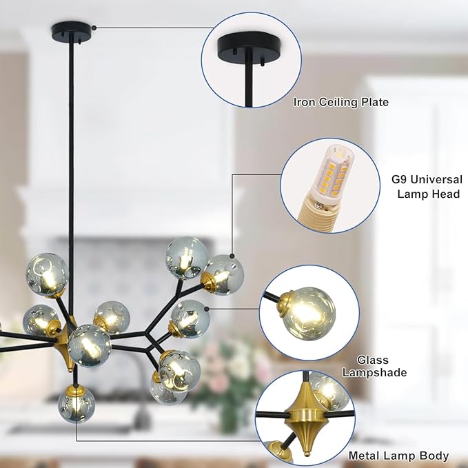 Depuley Glass Globe Sputnik Chandelier: 15-Light Modern Matte Black and Gold Ceiling Light Fixture - Vintage Hanging Chandeliers for Living Room Kitchen Dining Room Bedroom (Included G9 Bulbs)