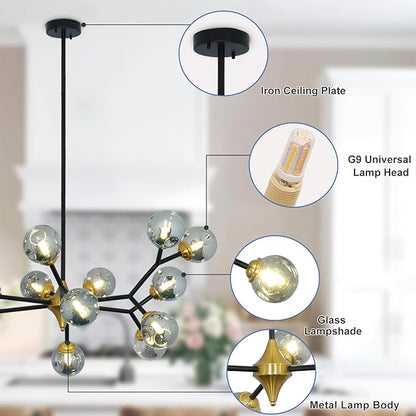 Depuley Glass Globe Sputnik Chandelier: 15-Light Modern Matte Black and Gold Ceiling Light Fixture - Vintage Hanging Chandeliers for Living Room Kitchen Dining Room Bedroom (Included G9 Bulbs)