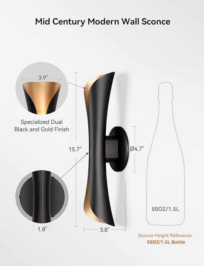 Tubicen Wall Sconces Up and Down Dimmable Black and Gold Movie Theater Sconce Lights Hardwired 15.7" H Modern Indoor Decorative Wall Lights for Living Room Bedroom Hallway Stairs