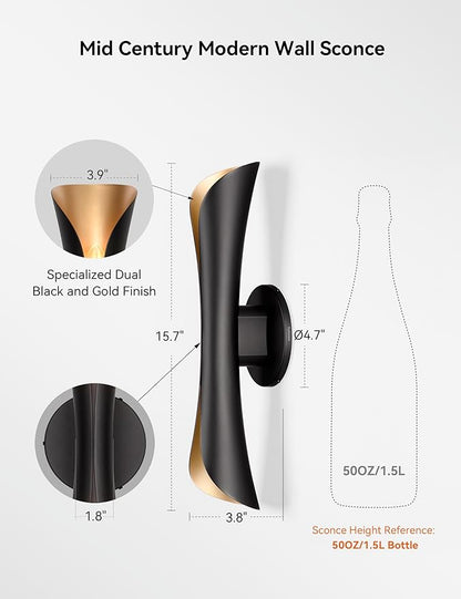 Tubicen Wall Sconces Up and Down Dimmable Black and Gold Movie Theater Sconce Lights Hardwired 15.7" H Modern Indoor Decorative Wall Lights for Living Room Bedroom Hallway Stairs