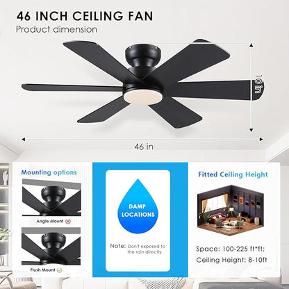 BayDay 46 inch Ceiling Fans with Lights, Black Ceiling Fan with Remote APP, Dual-Sided Modern/Rustic 6 Blades, Reversible, 3CCT, Flush Mount Low Profile Ceiling Fan with Lights Bedroom Kitchen Indoor