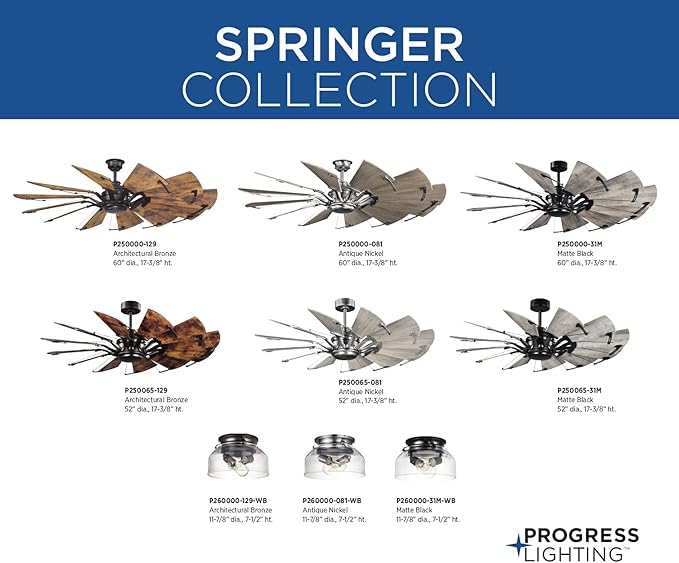 Progress Lighting Clear Glass Ceiling Fan Light Kit for Springer Collection 52 Inch Ceiling Fans, Includes 2 Light Bulbs, Antique Nickel