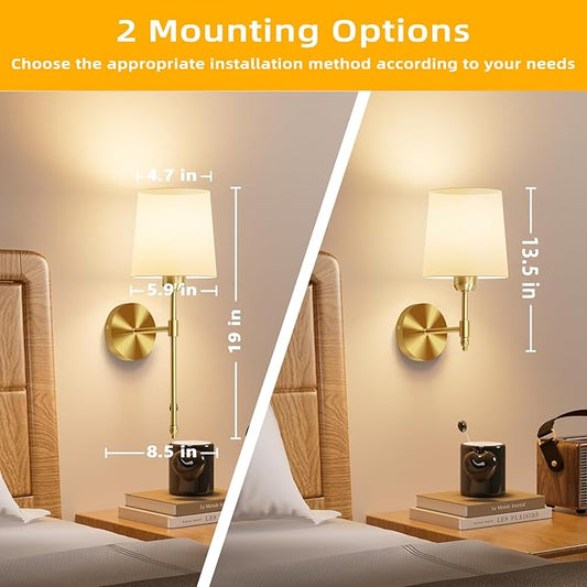 Ouyulong Battery Operated Wall Sconces Set of 2, Wireless Rechargeable Dimmable Wall Light with 5600mAh RGB Bulb and Remote for Bedroom, Living Room, Hallway 19in Gold