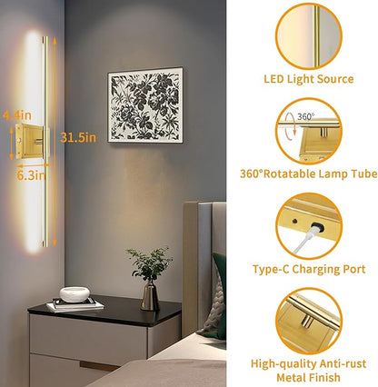 Wall Sconces Set of 2 Battery Operated, 8000mAh USB Rechargeable Wall Sconce with Remote Control, 360°Rotate Dimmable 3000K-6000K LED Dimmable Picture Lamp for Living Room, Bedroom, Hallway (32inch)