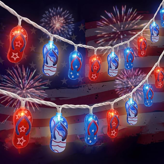 8.5Ft LED Tropical Beach Flip Flop String Lights, 4th of July Slipper String Lights Plug in with 10 Bulbs, Independence Day Decoration Lights for Patriotic Party Garden Festival National Day, White
