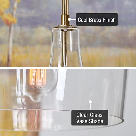 Kira Home Lucy 16" Modern Large Glass Pendant Light, Farmhouse Gold Hanging Light with Clear Vase Glass Shade, Cool Brass Finish