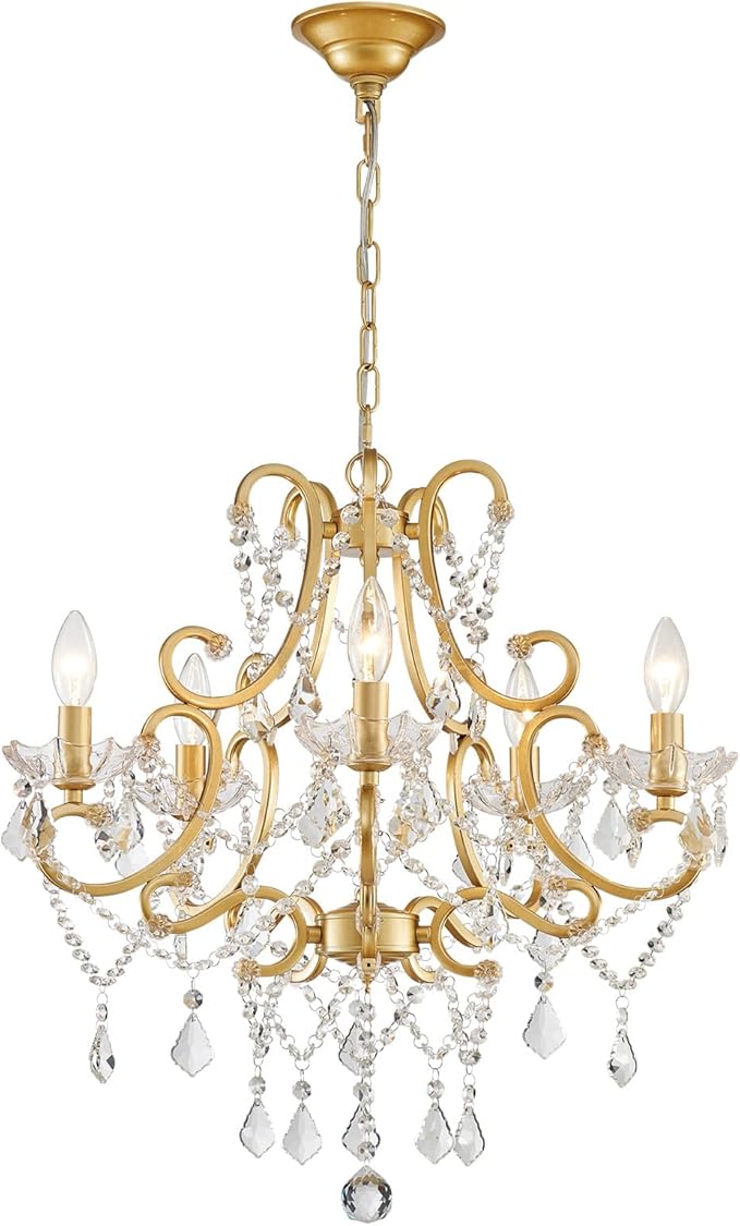 Crystal Chandelier, Golden Crystal Lighting,5-Light Modern Chandelier for Living Room Kitchen Island Entryway Bedroom