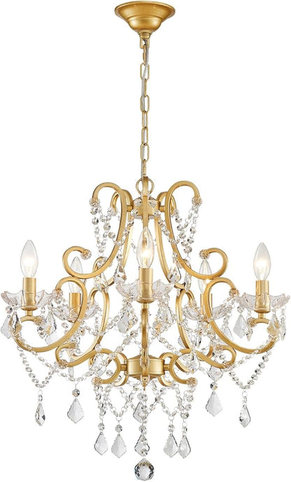 Crystal Chandelier, Golden Crystal Lighting,5-Light Modern Chandelier for Living Room Kitchen Island Entryway Bedroom