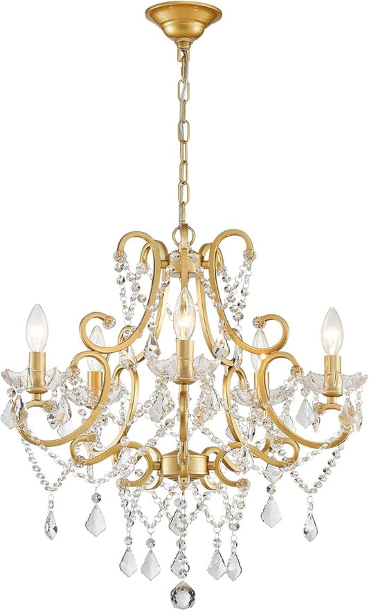 Crystal Chandelier, Golden Crystal Lighting,5-Light Modern Chandelier for Living Room Kitchen Island Entryway Bedroom