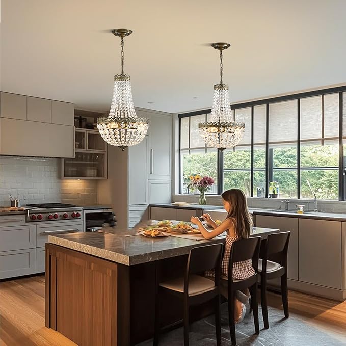 4 Lights French Empire Mini Crystal Chandelier Farmhouse Pendant Lighting,Antique Brass Finish Ceiling Light Fixture for Dining Room Bedroom Foyer Living Room, W12.6 x H19.7