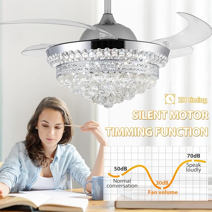 42" Invisible Ceiling Fan Chandelier with Light,Modern Crystal Ceiling Fan Light Remote Control 4 Retractable ABS Blades for Bedroom Living Dining Room Decoration (Silver)