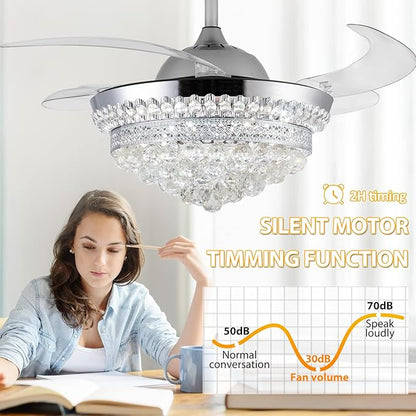 42" Invisible Ceiling Fan Chandelier with Light,Modern Crystal Ceiling Fan Light Remote Control 4 Retractable ABS Blades for Bedroom Living Dining Room Decoration (Silver)
