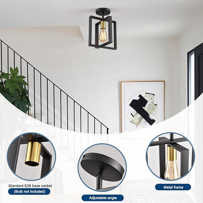 2 Pack Semi Flush Mount Ceiling Light,Black Metal Frame Ceiling Light Fixture with Golden Lamp Cup, Farmhouse Light Fixture for Kitchen Island Entryway Porch Foyer