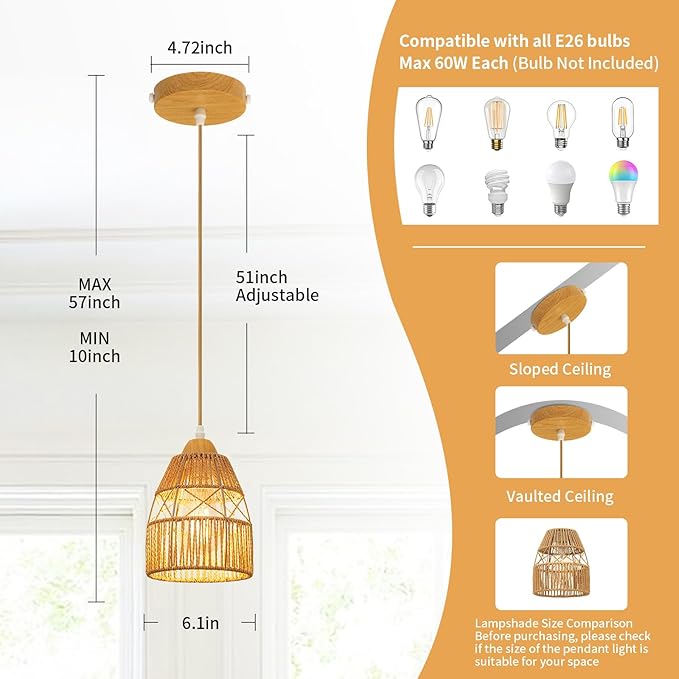 3 Pack Boho Rattan Pendant Light Kitchen Island,Farmhouse Chandeliers Adjustable Height Hanging lamp for Dining Room,Small Kitchen Ceiling Lights Fixtures with Woven Wicker Lampshade Lighting