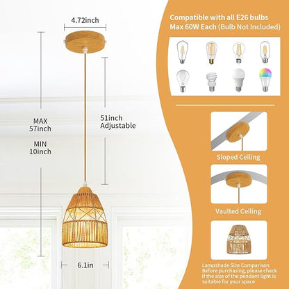 Boho Rattan Pendant Light Kitchen Island,Farmhouse Chandeliers Adjustable Height Hanging lamp for Dining Room,Small Kitchen Ceiling Lights Fixtures with Hand Woven Wicker Lampshade Lighting