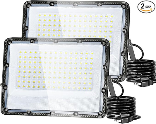 150W Flood Lights Outdoor, 22500lm Bright LED Work Light with Plug, 5000K Daylight White LED Flood Lighting, IP65 Waterproof Security Lights Floodlight for Yard Garage Stadium Playground 2 Pack