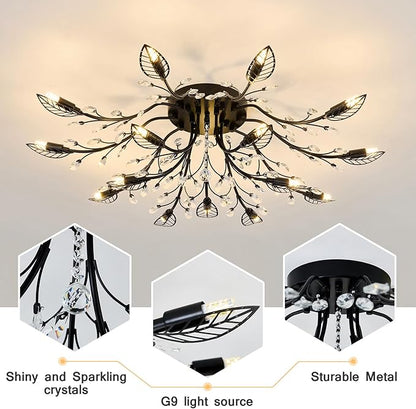 CVKASH 15 Light Vintage Small Crystal Chandelier Modern Branche Semi Flush Mount Ceiling Light Fixture Black Chandelier Lighting for Kitchen Bedroom Living Room Dining Room Hallway Foyer