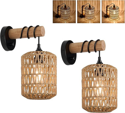 Boho Wall Sconces Set of 2 Rattan Wall Sconce Dimmer Wall Lamp Light Fixtures with Cord Wicker Hanging Wall Mount Light for Bedroom Living Room