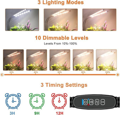 SDOVUERC Full Spectrum Dual Heads Clip Grow Lights for Indoor Plants with 3/9/12H Timer Dimmer and 10 feet Cables for Plant Growing(Adapter Included)