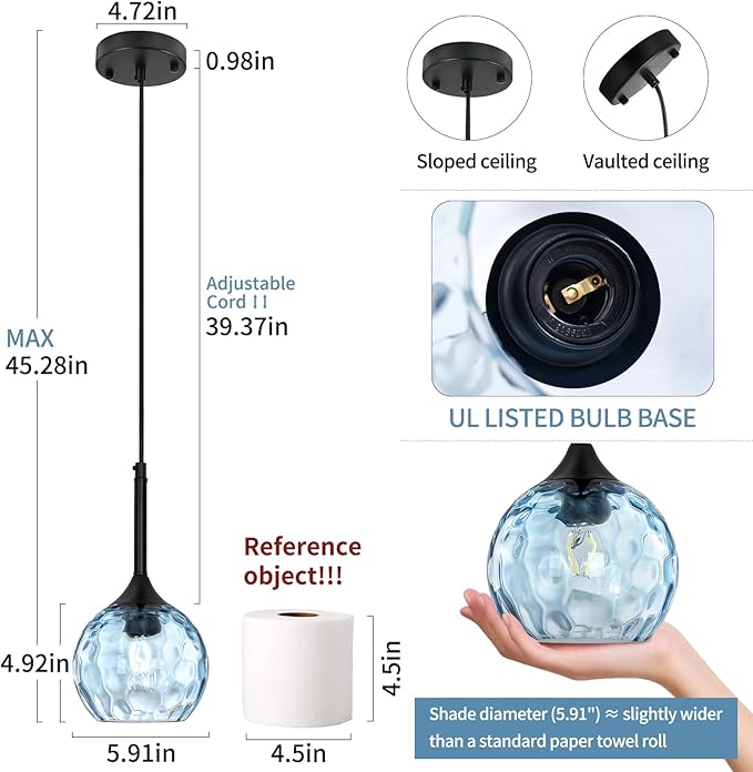 Glass Pendant Lights Kitchen Island: 5.91'' 1-Light Blue Hammered Glass Pendant Light with Black Finish - Modern Minimalist Hanging Light Fixture for Kitchen Sink Dining Room Bedroom- E26 Base