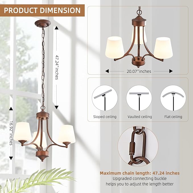 3-Light Oil Rubbed Bronze Chandelier for Dining Room Farmhouse Pendant Light Fixture with Frosted Glass Rustic Ceiling Lighting Modern Hanging Lamp for Kitchen Island Entryway, 47.2" Height Adjustable