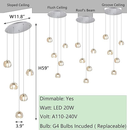 HAIXIANG Modern LED Chandeliers Dining Room Kitchen Pendant Lights Lighting for Island Dimmable Fixtures Floating Bubble Crystal 2700K 6000K Remote Dimming 5-Lights