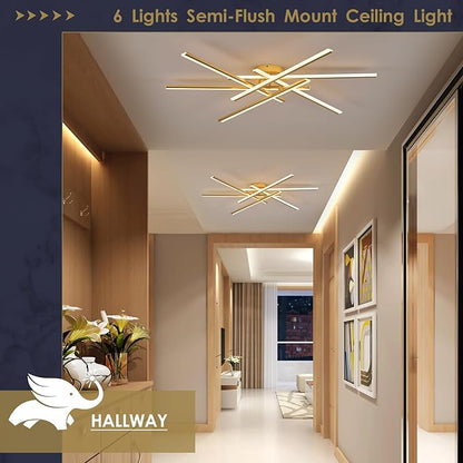 Gold Semi-Flush Mount Ceiling Light Modern 6-Lights LED Chandelier 44'' Remote Control Ceiling Lighting Fixtures for Living Room Bedroom Kitchen Foyer