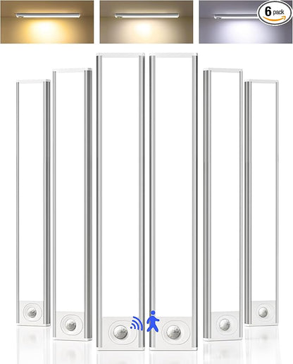 Under Cabinet Lighting, 12inch Rechargeable Motion Sensor Light Indoor, 2400mAh Battery Operated Closet Lights, with Dimmable & 3 Color Temps, Wireless Under Counter Lights for Kitchen,Stairs(6Pack) ﻿