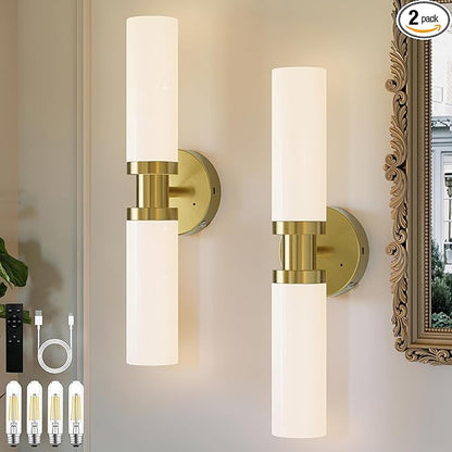 Rechargeable Battery Operated Wall Sconce Set of 2, 10000mAh Cordless Wall Lights with Dimmable, Timer Function, 3000K Warm White, Easy Install for Living Room, Bedroom, Gold Finish, Bulbs Included