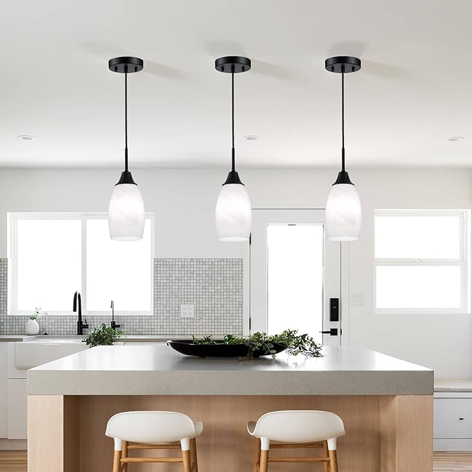 Viinew Mini Glass Pendant Light,4.72" Black White Hanging Lights 3-Pack Handblown White Oval Art Glass Hanging Pendant Light for Kitchen Island,Dining Room,Living,Foyer,Hallway, Entry