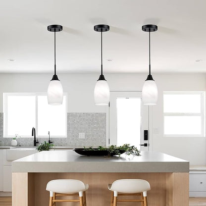 Viinew Mini Glass Pendant Light,1-Light Handblown White Oval Art Glass Hanging Pendant Light for Kitchen Island,Dining Room,Living,Foyer,Hallway, Entry Matte Black Metal