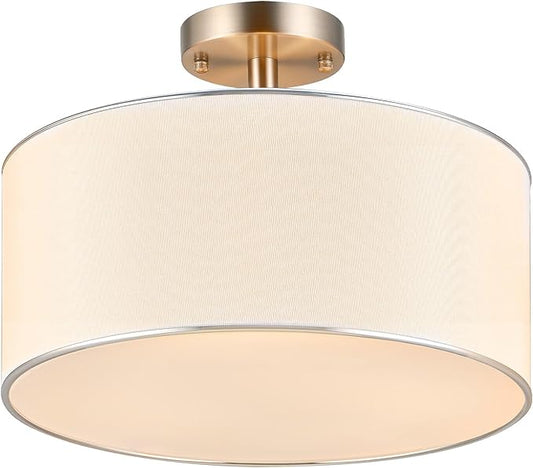 VONLUCE Semi-Flush Mount Ceiling Light, 15" Modern 3-Light Ceiling Light Fixture with White Drum Shade 3 E26 Sockets for Bedroom Entryway Living Room, Nickel Finish, ETL Certificated