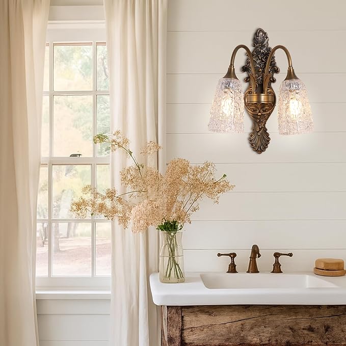 Rustic Glass Wall Sconce Vintage Antique Gothic Bronze Wall Light Fixture Retro Mid Centry Glass Wall Sconce for Bedroom, Living Room, Mirror, Hallway