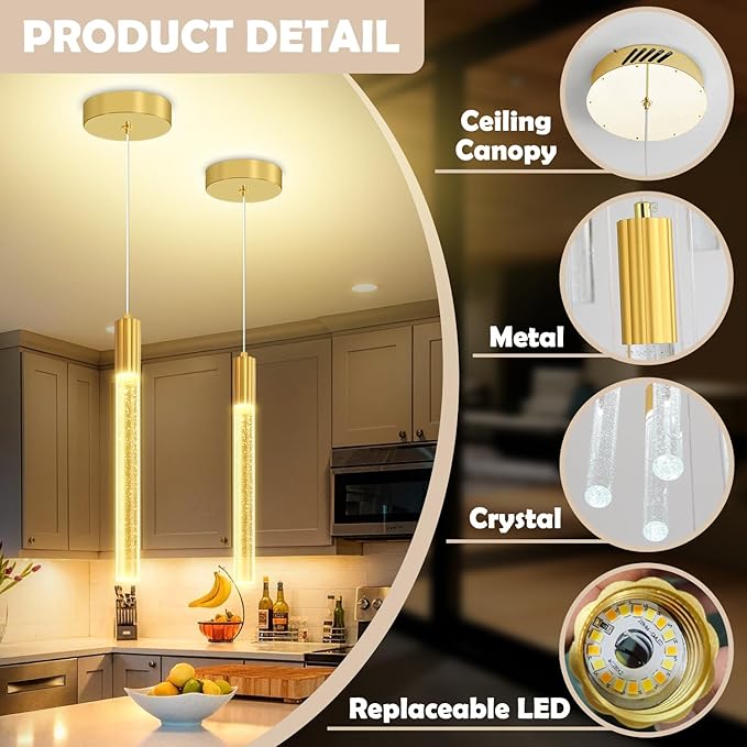 Modern Gold Crystal Column Pendant Light, Dimmable LED Chandelier, Adjustable Hanging Pendant Lighting for Kitchen Island