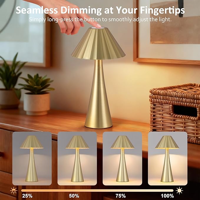 Cordless Rechargeable Table Lamps, Metal LED Desk Lamp with Top Touch Control & Stepless Dimming, Portable Battery-Operated Bedside Lamp for Bedroom, Living Room, Office, Café, Outdoor(Gold)