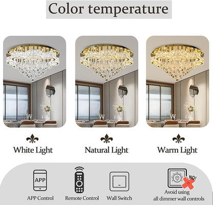 W32in Crystal Ceiling Chandelier Modern Gold Chandeliers Raindrop Crystal Ceiling Lighting Fixture Flush Mount Chandelier for Living Room Hallway Dining Room Kitchen Bedroom