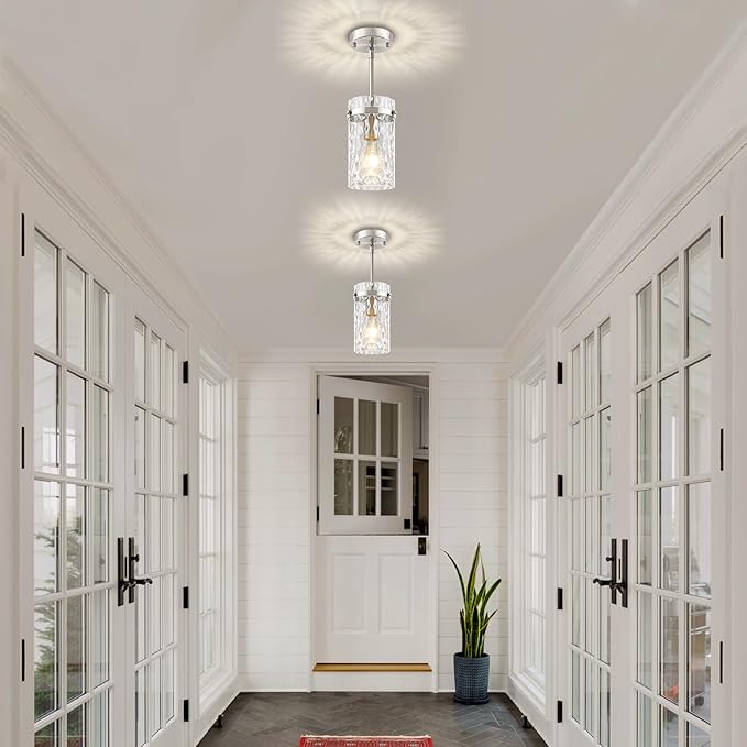 2 Pack Brushed Nickel Pendant Lighting for Kitchen Island, Modern Hand-Blown Glass Kitchen Hanging Light Fixtures Over Island Adjustable Mini Pendan Lights for Hallway Entryway Bathroom Dining Room