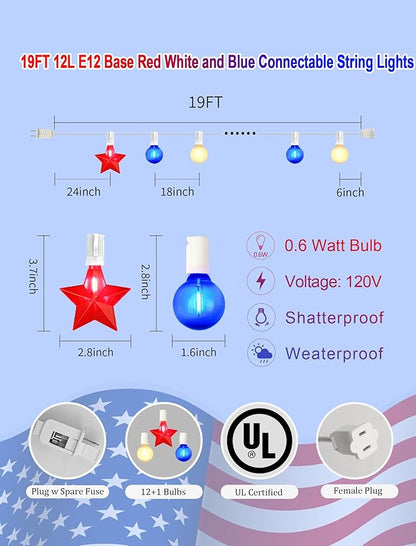 19Ft 4th of July Lights Outdoor, Waterproof Red White and Blue String Lights Plug in Connectable for Patriotic Porch Bistro Backyard Party Independence Day Decorations, E12/C7 Base Lights