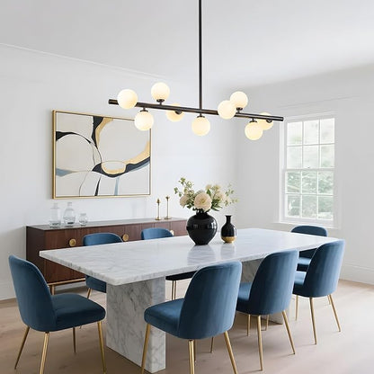 Mid Century Modern Globe Sputnik Chandelier, 9-Light Linear Chandeliers for Dining Room and Kitchen Island, Dining Light Fixture Over Table, Black and Milk White Glass Bubble, 40 Inch