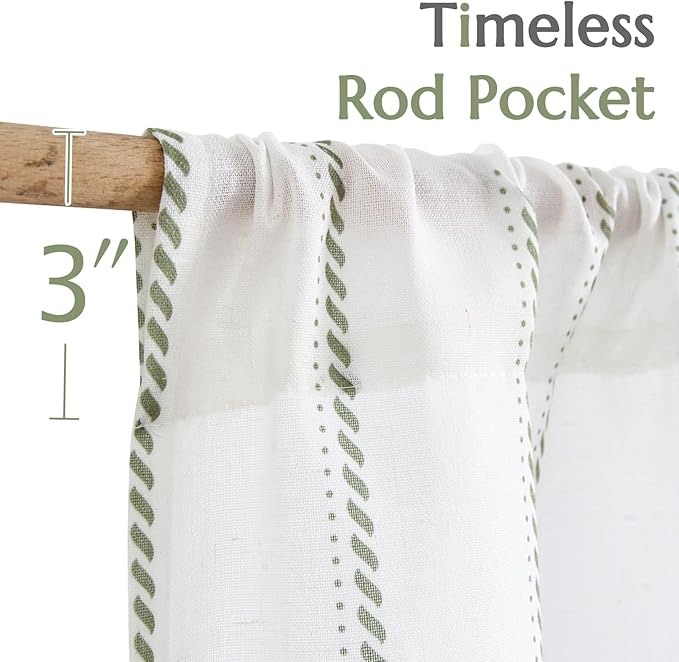 jinchan Linen Striped Kitchen Curtains Tier Cafe Curtains for Living Room Bathroom RV 36 Inch Farmhouse Rustic Half Window Treatment Light Filtering 2 Panels Green on White