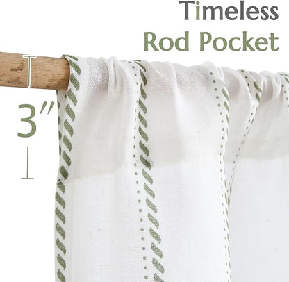 jinchan Linen Striped Kitchen Curtains Tier Cafe Curtains for Living Room Bathroom RV 36 Inch Farmhouse Rustic Half Window Treatment Light Filtering 2 Panels Green on White