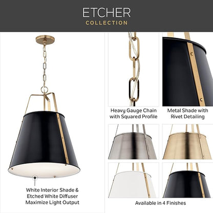 Kichler Etcher 1-Light Pendant Light Fixture with Etched Painted White Glass Diffuser, Kitchen Island Hanging Light in Classic Pewter for Dining Room (17" x 13"), 52710CLP