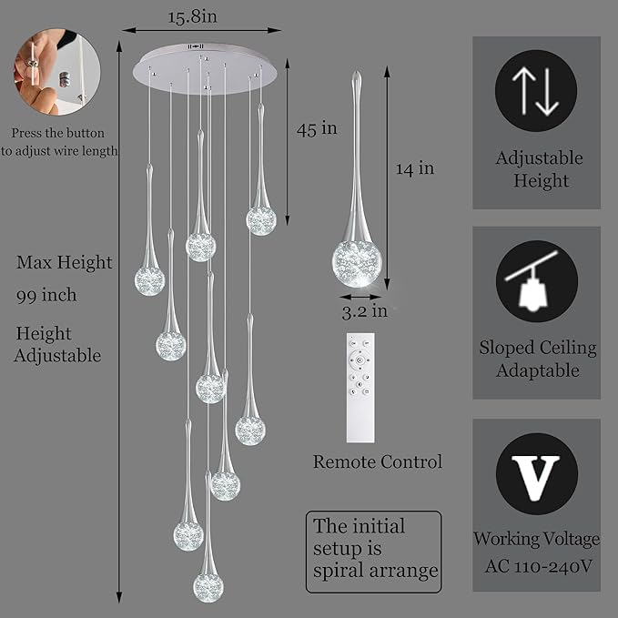 Modern Chrome Crystal Chandelier for High Ceiling 9-Lights, 99 Inches Luxury Spiral Dimmable LED Bubble Raindrop Pendant Lighting Fixture for Staircase Foyer Entryway Living Room